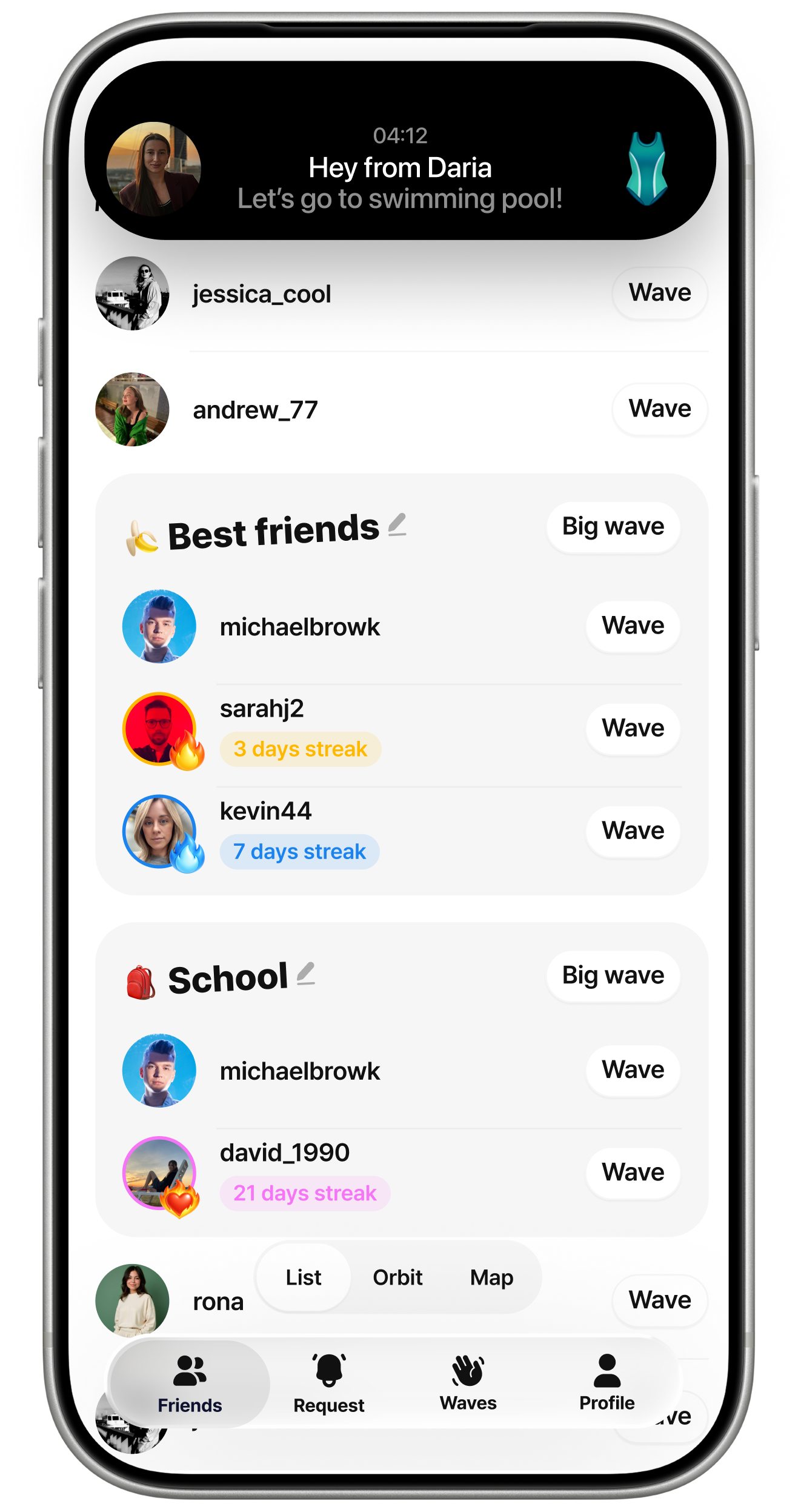 Pinky Wave friends list showing two groups 'Best friends' and 'School' with Big Wave buttons