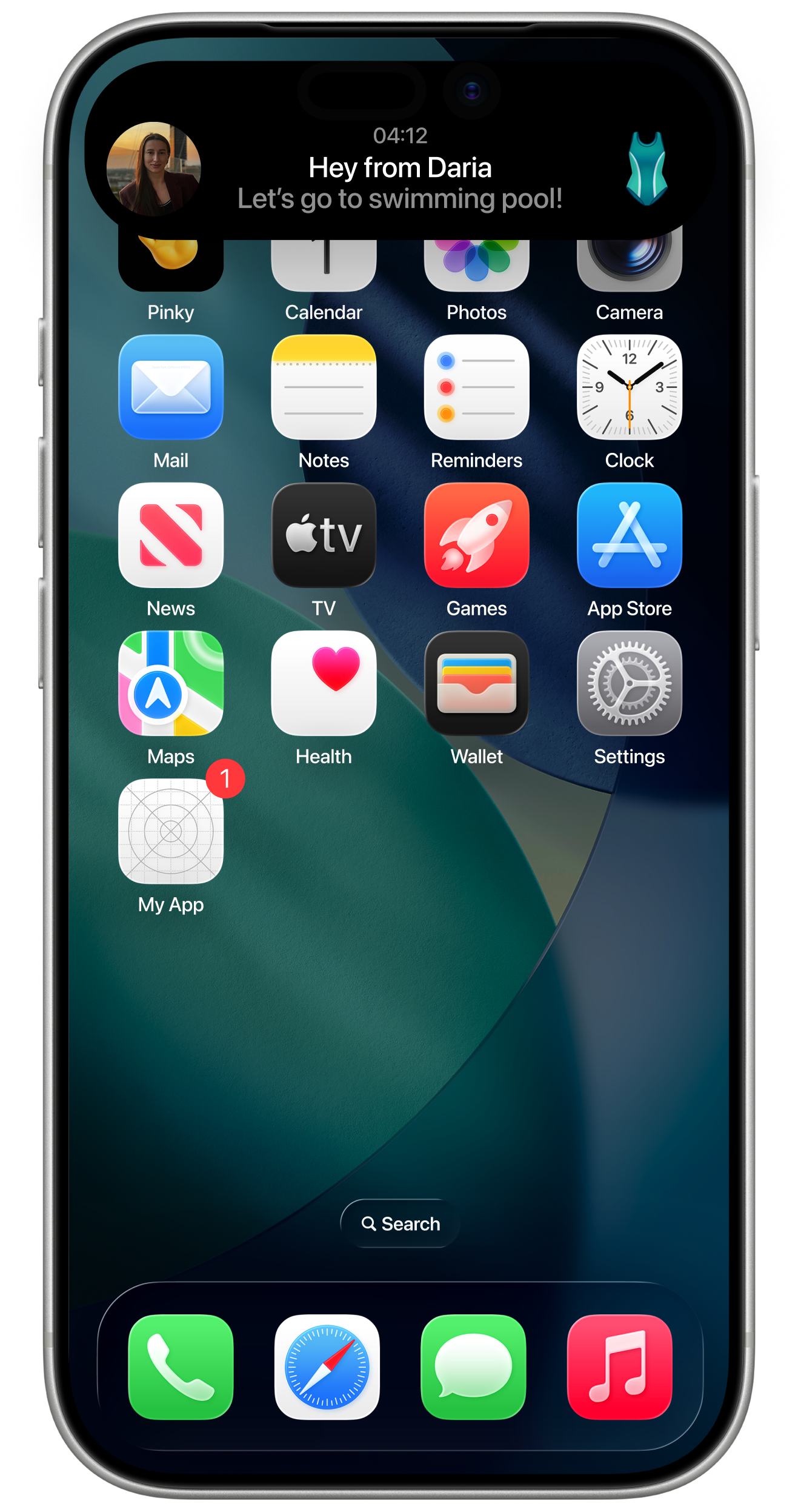 Pinky Wave Live Activity shown on an iPhone home screen — 'Hey from Daria, let's go to swimming pool!'