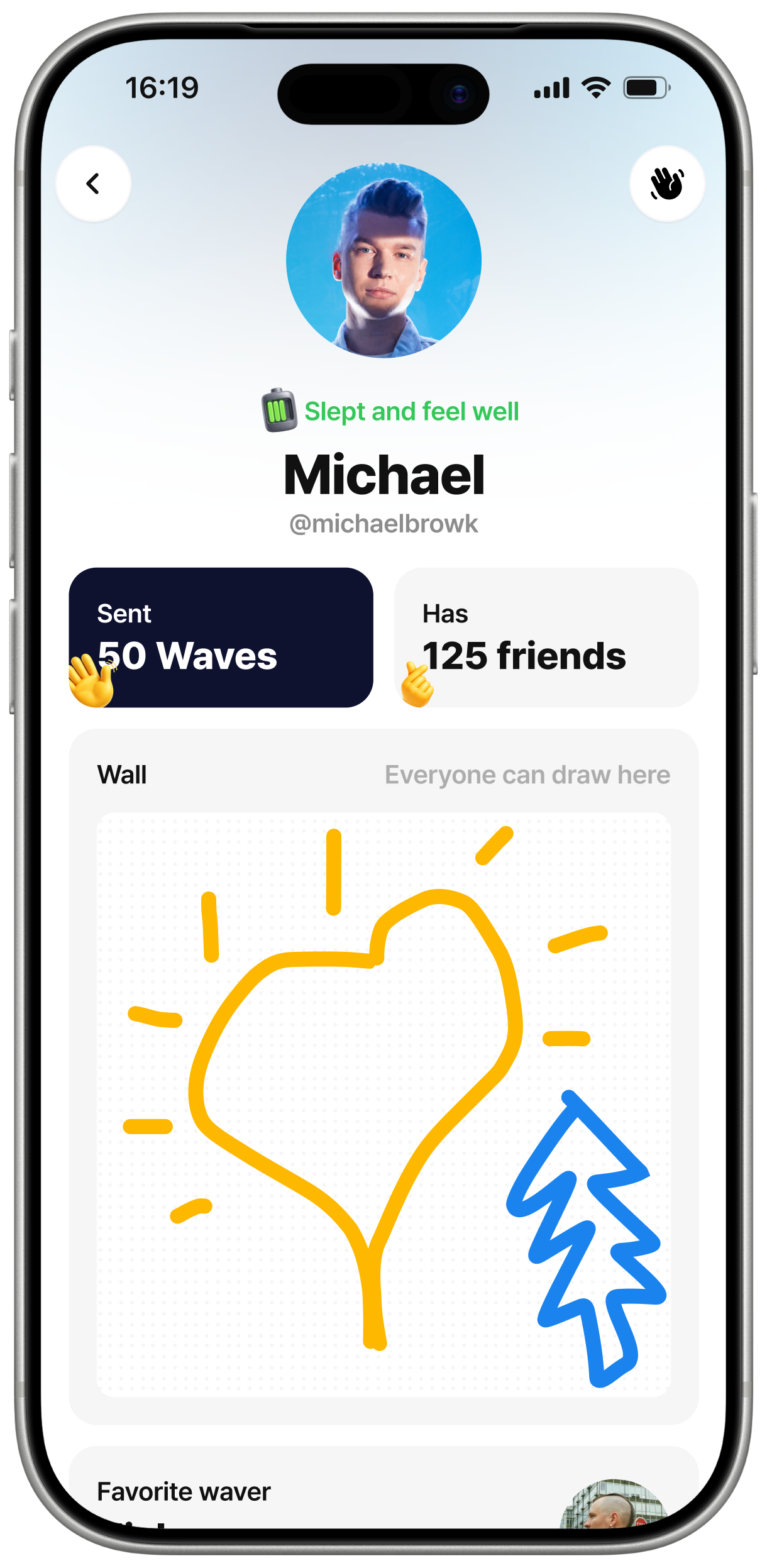 Pinky Wave profile page for Michael showing a Wall with a yellow heart drawing and a blue tree